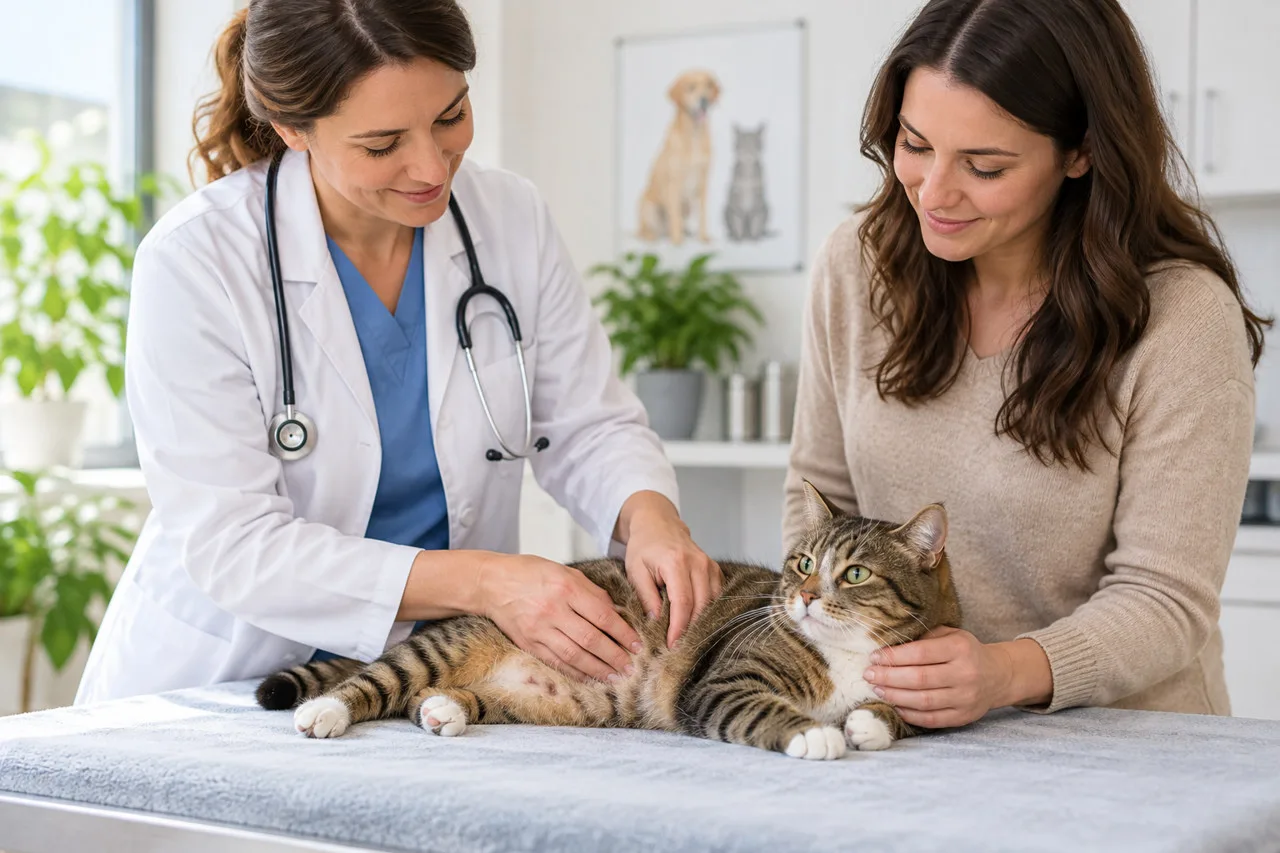 Veterinarian examining a cat while its owner looks on